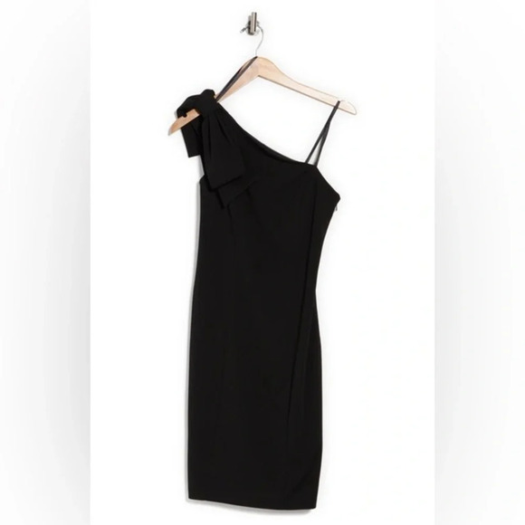 NWT Marina Asymmetric Neck One Bow Shoulder Sleeveless Stretch Crepe Dress - Picture 4 of 10